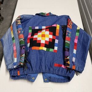 One of a Kind Denim Jacket Womens M Blue Excellent Fringe Southwestern Aztec